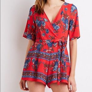 Charlotte Russe Floral & Paisley Tie-Front Romper